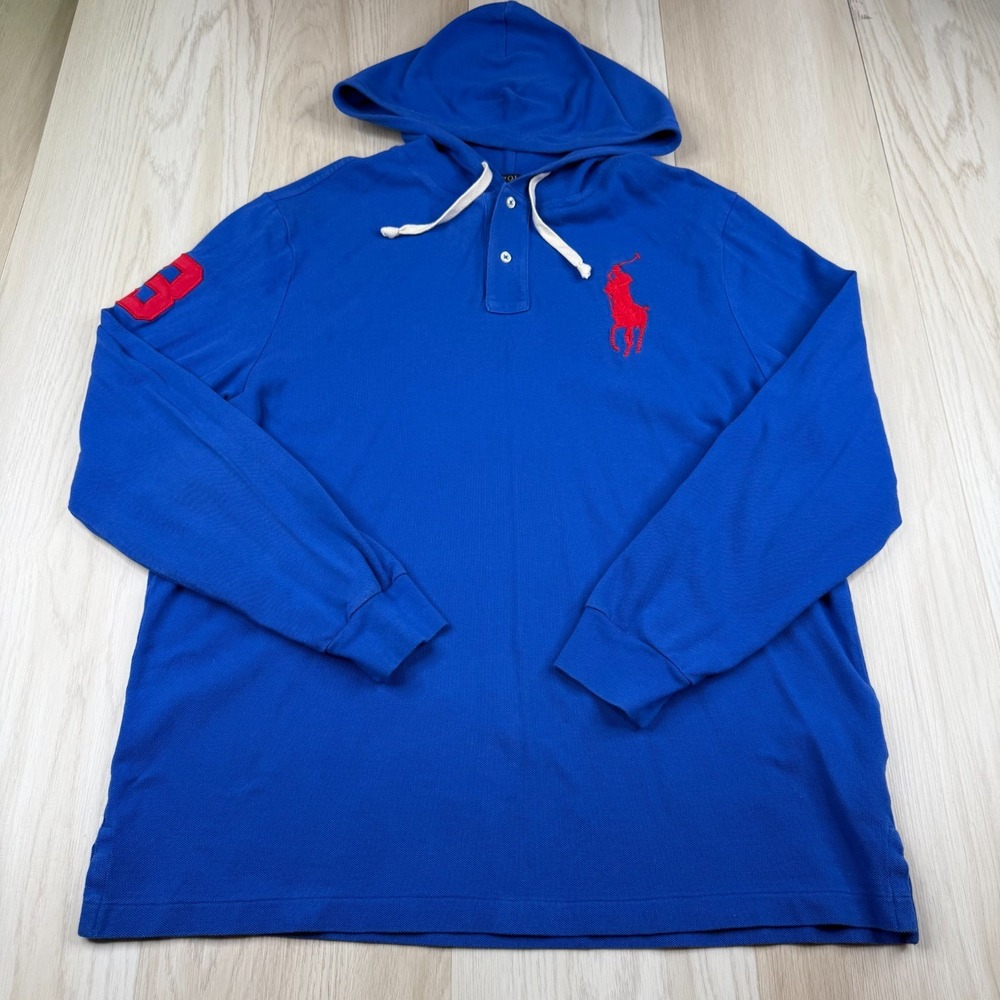 Polo Ralph Lauren Mens Cobalt Blue Embroidered Big Pony Logo Henley Hoodie Sz XL